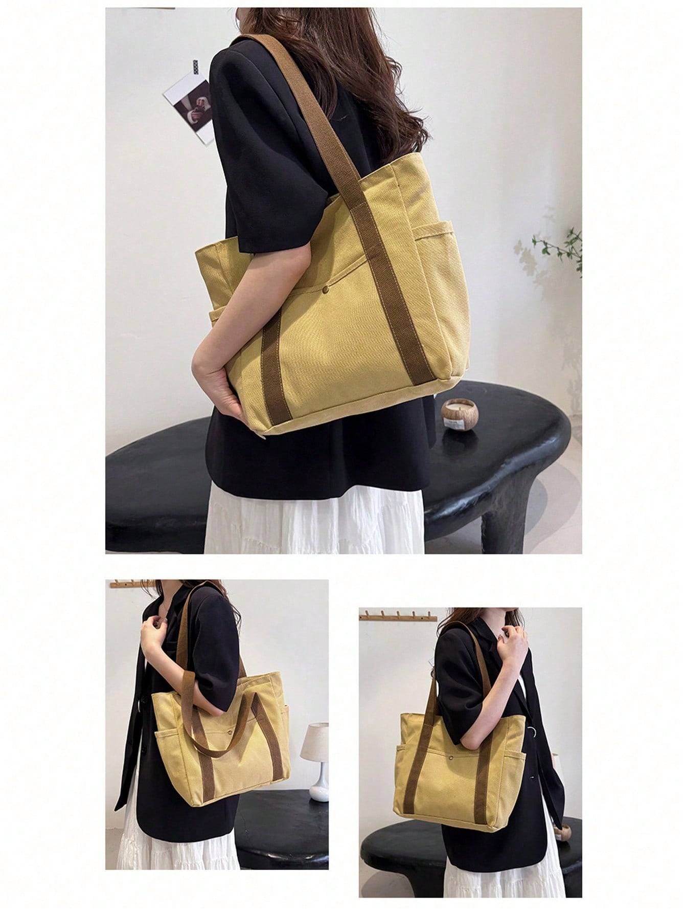 SHEIN X Milania Multi Pocket Tote Bag For Women Canvas Bag With Handle Bag Large Capacity Purse Reusable Handbag, Canvas Tote Bag, Perfect For Daily Use And Travel, Tote Bags For Students, Multiple Compartments, Perfect For Beach