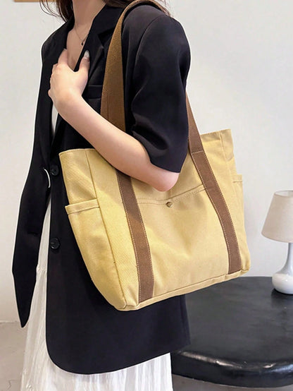 SHEIN X Milania Multi Pocket Tote Bag For Women Canvas Bag With Handle Bag Large Capacity Purse Reusable Handbag, Canvas Tote Bag, Perfect For Daily Use And Travel, Tote Bags For Students, Multiple Compartments, Perfect For Beach