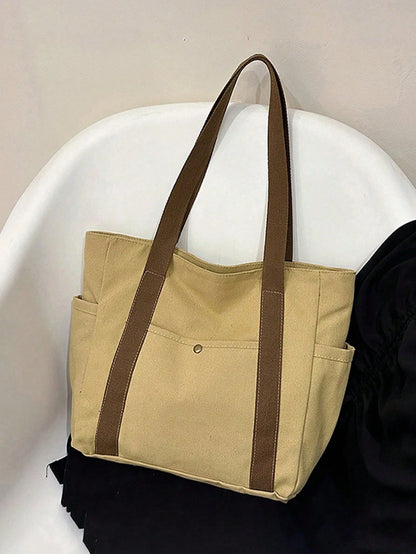 SHEIN X Milania Multi Pocket Tote Bag For Women Canvas Bag With Handle Bag Large Capacity Purse Reusable Handbag, Canvas Tote Bag, Perfect For Daily Use And Travel, Tote Bags For Students, Multiple Compartments, Perfect For Beach