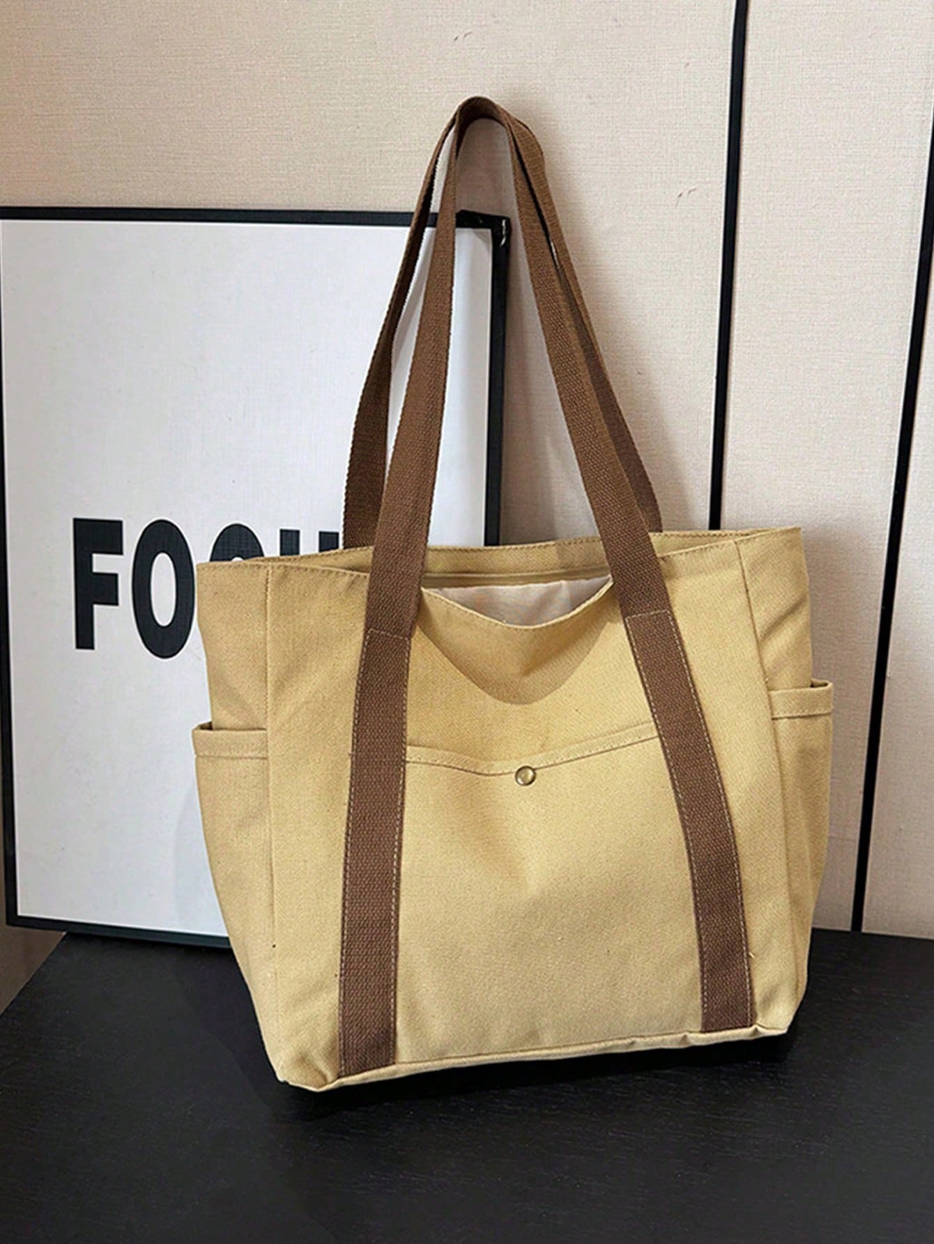 SHEIN X Milania Multi Pocket Tote Bag For Women Canvas Bag With Handle Bag Large Capacity Purse Reusable Handbag, Canvas Tote Bag, Perfect For Daily Use And Travel, Tote Bags For Students, Multiple Compartments, Perfect For Beach