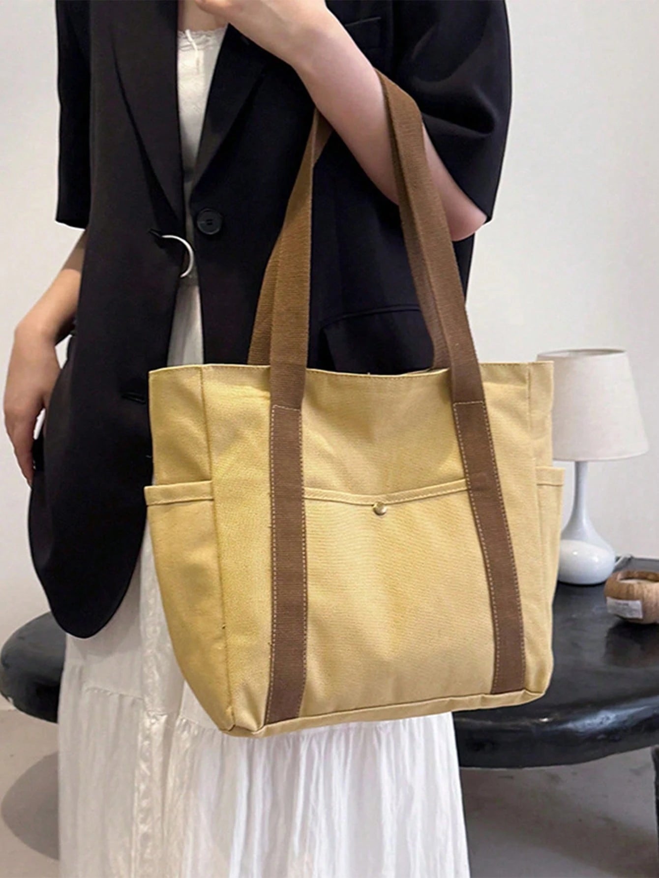 SHEIN X Milania Multi Pocket Tote Bag For Women Canvas Bag With Handle Bag Large Capacity Purse Reusable Handbag, Canvas Tote Bag, Perfect For Daily Use And Travel, Tote Bags For Students, Multiple Compartments, Perfect For Beach