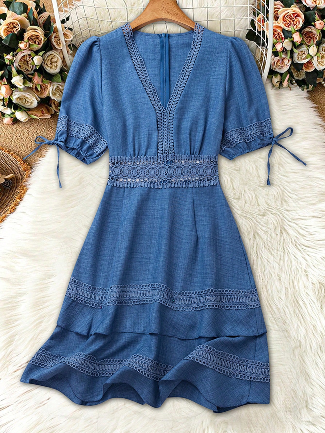 SHEIN Clasi Women's Solid Color Lace Trim Puff Sleeve Mini Dress, Summer