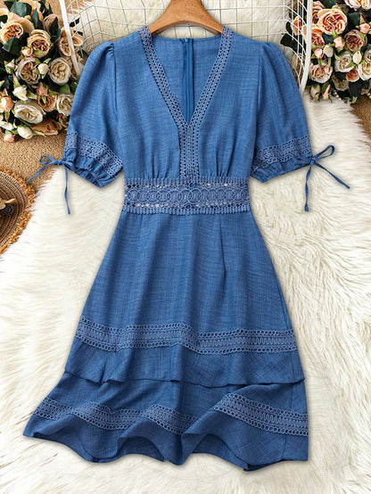 SHEIN Clasi Women's Solid Color Lace Trim Puff Sleeve Mini Dress, Summer