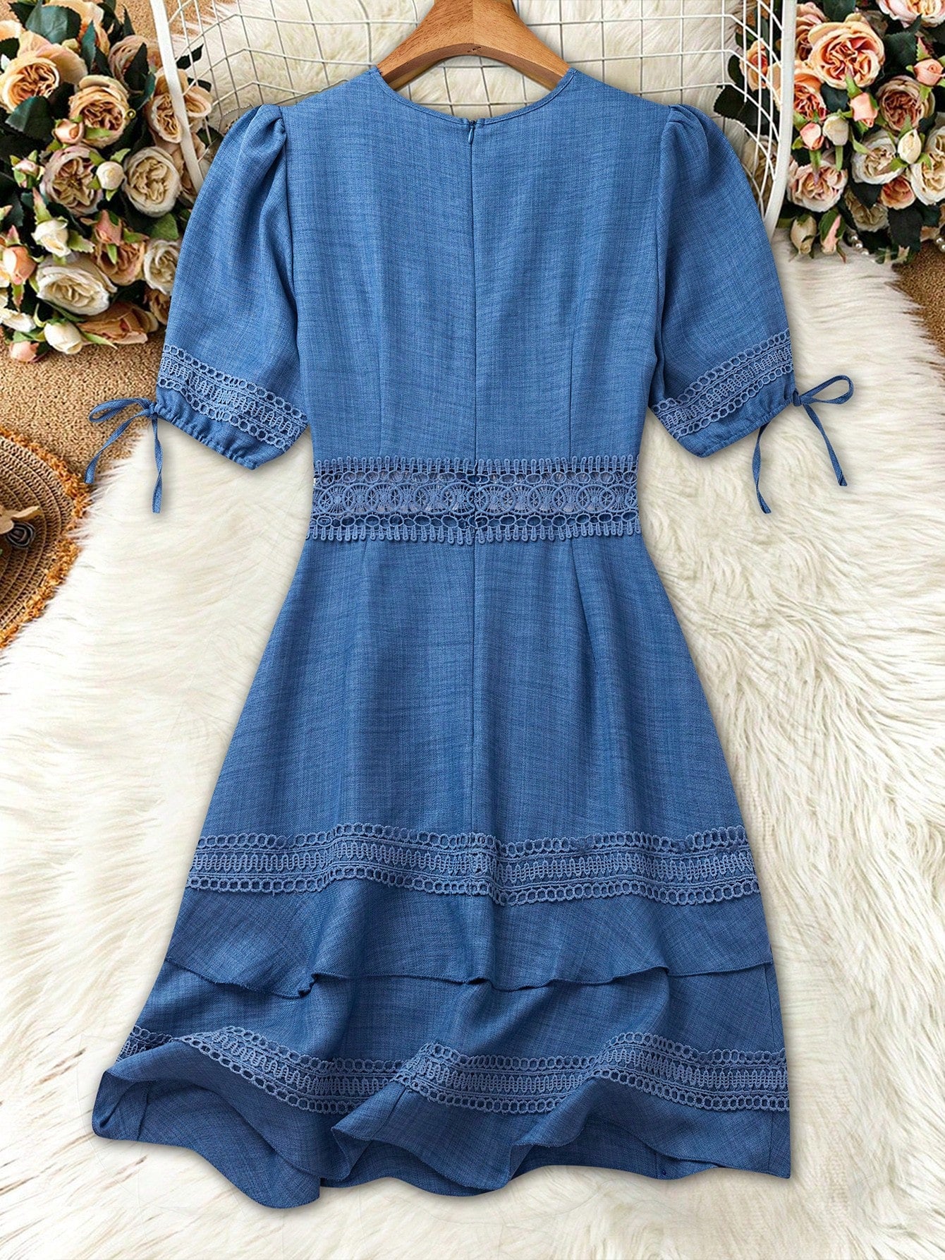 SHEIN Clasi Women's Solid Color Lace Trim Puff Sleeve Mini Dress, Summer