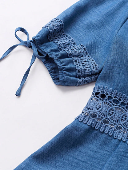 SHEIN Clasi Women's Solid Color Lace Trim Puff Sleeve Mini Dress, Summer