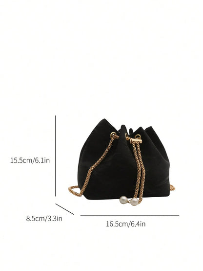 Fashion Solid Color Hollow Out Woven Chain Drawstring Mini Crossbody Bucket Bag