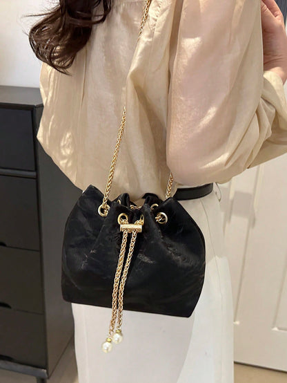 Fashion Solid Color Hollow Out Woven Chain Drawstring Mini Crossbody Bucket Bag