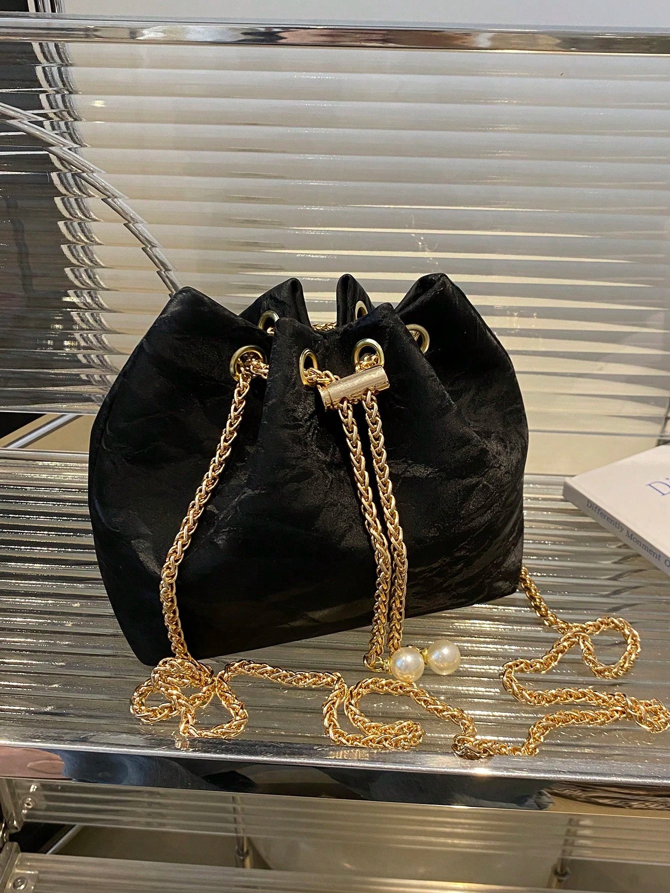 Fashion Solid Color Hollow Out Woven Chain Drawstring Mini Crossbody Bucket Bag