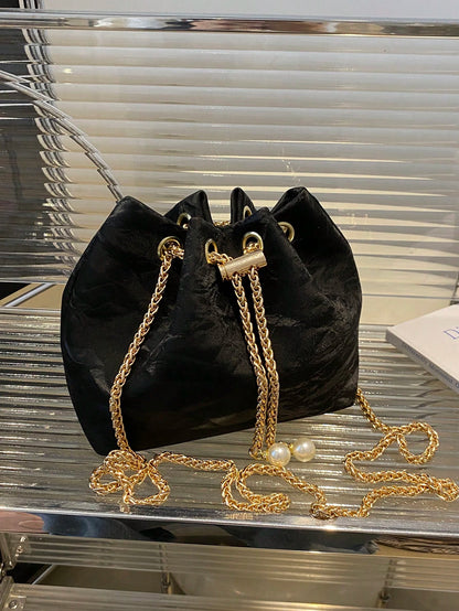 Fashion Solid Color Hollow Out Woven Chain Drawstring Mini Crossbody Bucket Bag