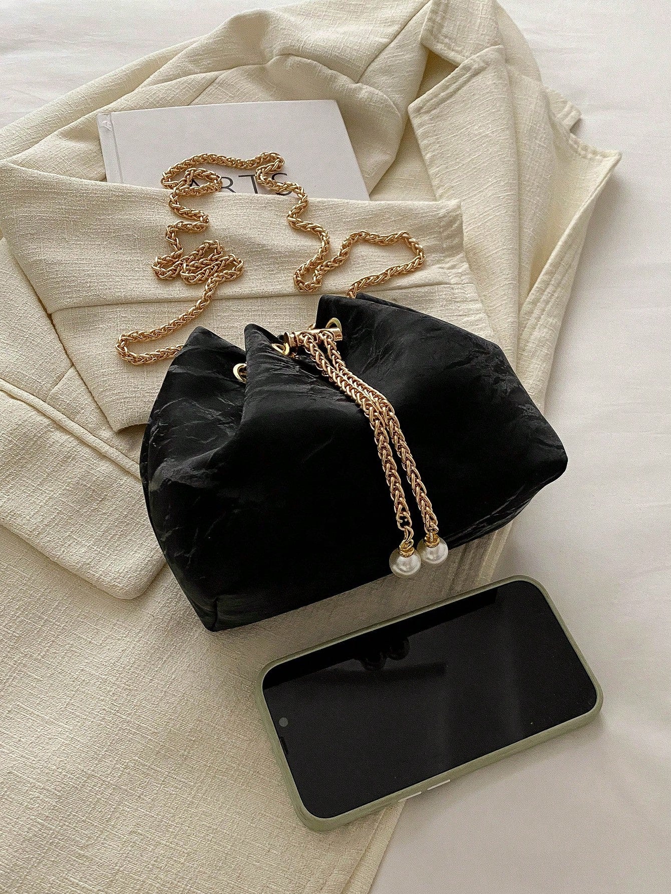Fashion Solid Color Hollow Out Woven Chain Drawstring Mini Crossbody Bucket Bag
