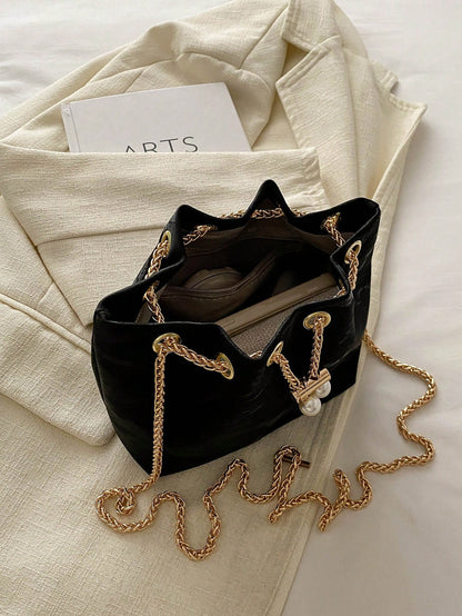 Fashion Solid Color Hollow Out Woven Chain Drawstring Mini Crossbody Bucket Bag