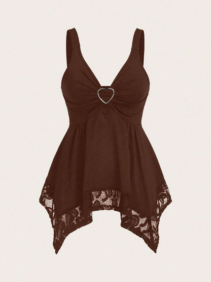 Sweetra Women Lace Decorated Heart Shaped And Floral Splicing Tank Top Y2K Outfit