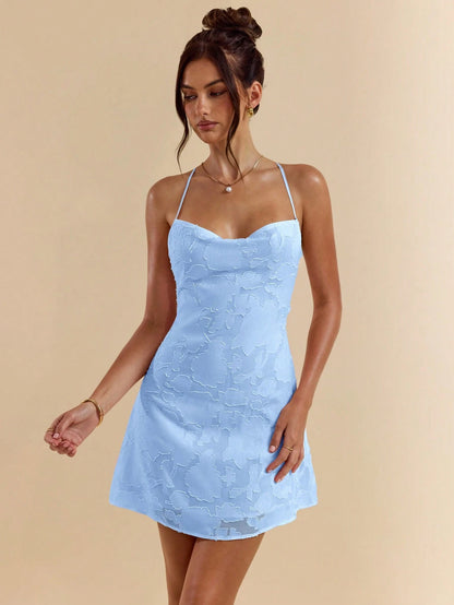 SHEIN BAE Spring/Summer Solid Pink Bodycon Low Back Tie Strap Textured A-Line Super Short Mini Dress For Women,Bohemian Clothes,Bodycon Dress