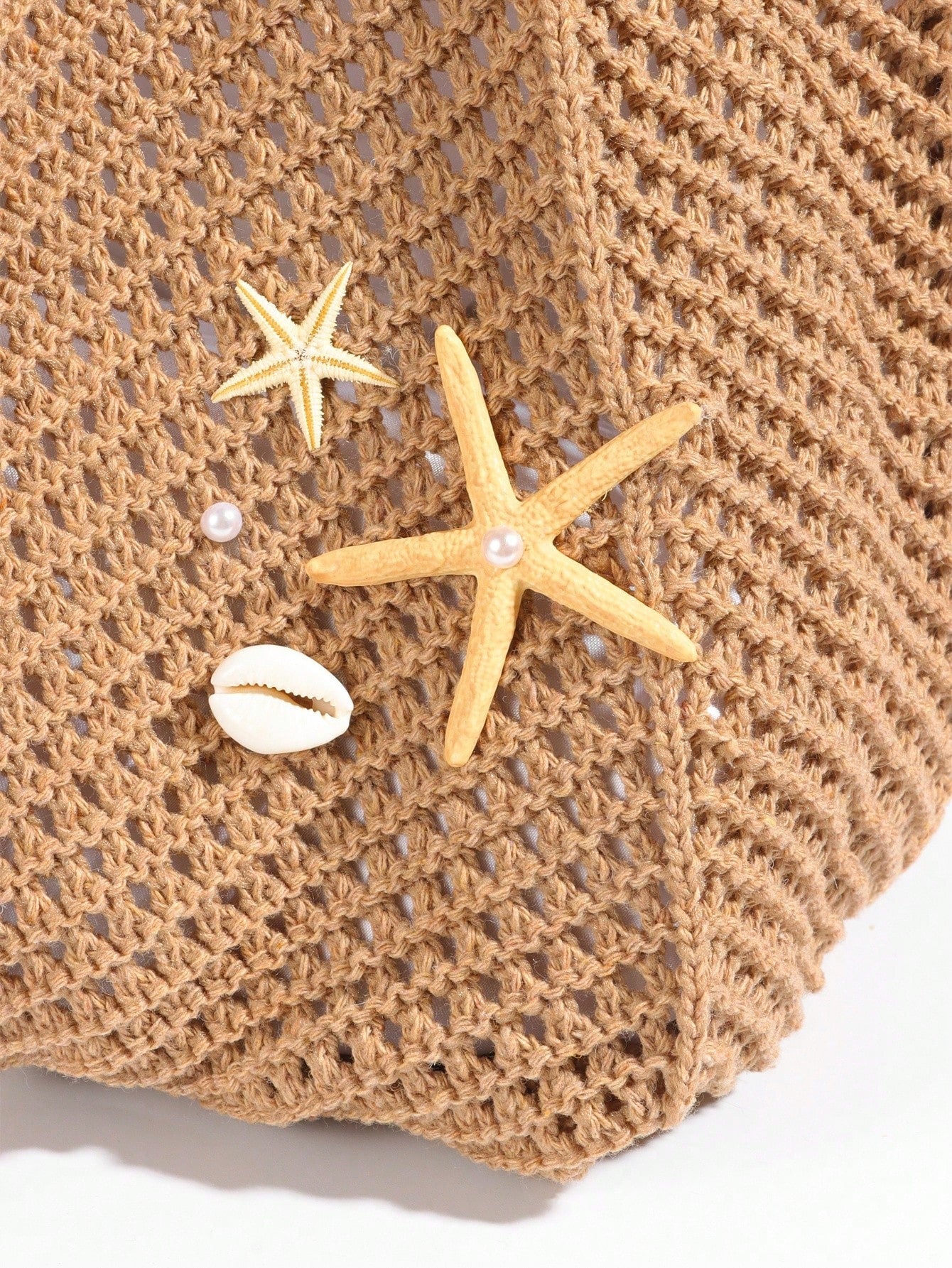 ROMWE Fairycore 1pc Tropical Ocean Beach Resort Style Woven Hollow Khaki Women Shoulder Tote Bag, Large Capacity