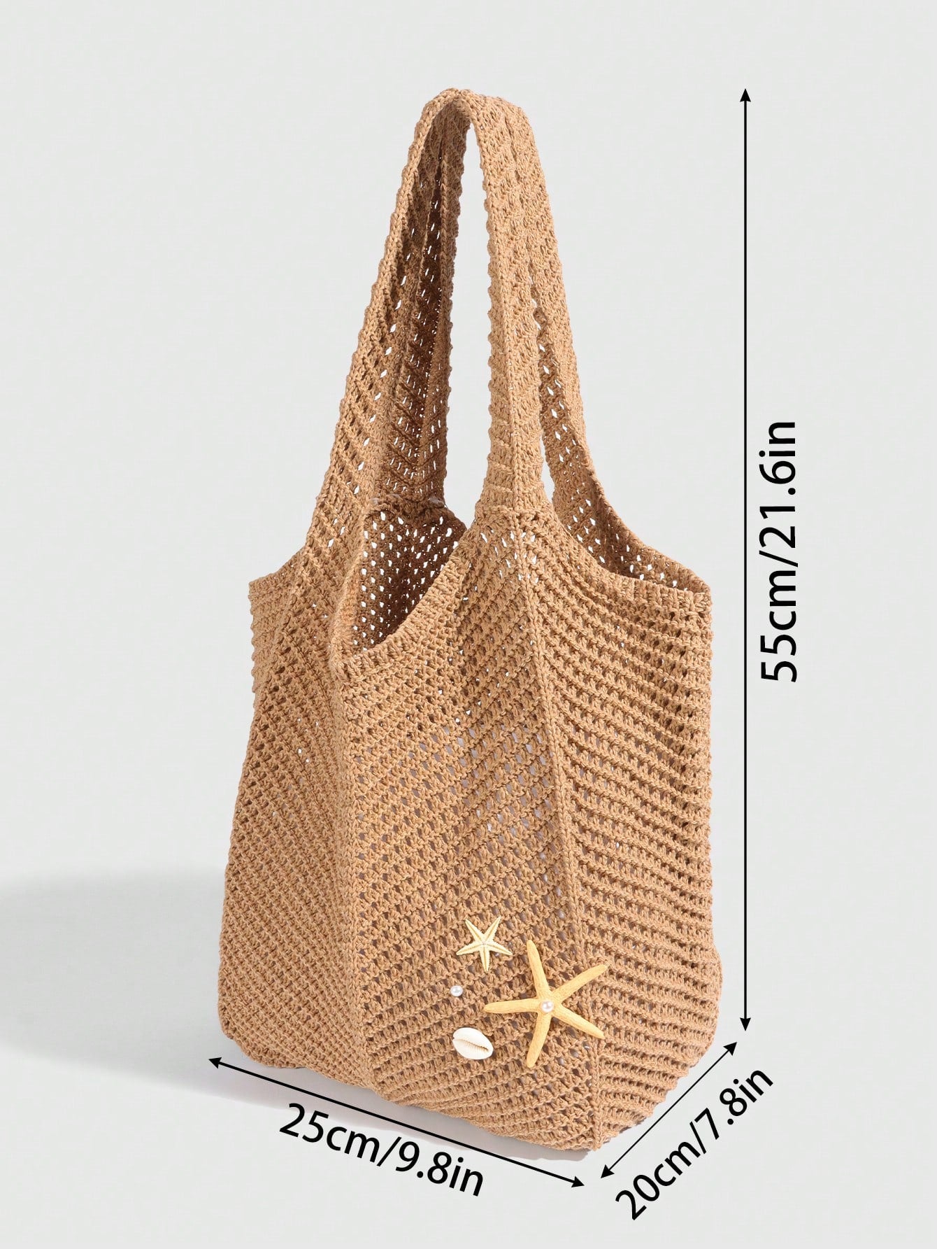 ROMWE Fairycore 1pc Tropical Ocean Beach Resort Style Woven Hollow Khaki Women Shoulder Tote Bag, Large Capacity