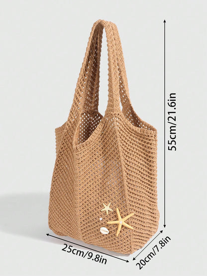 ROMWE Fairycore 1pc Tropical Ocean Beach Resort Style Woven Hollow Khaki Women Shoulder Tote Bag, Large Capacity