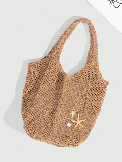 ROMWE Fairycore 1pc Tropical Ocean Beach Resort Style Woven Hollow Khaki Women Shoulder Tote Bag, Large Capacity