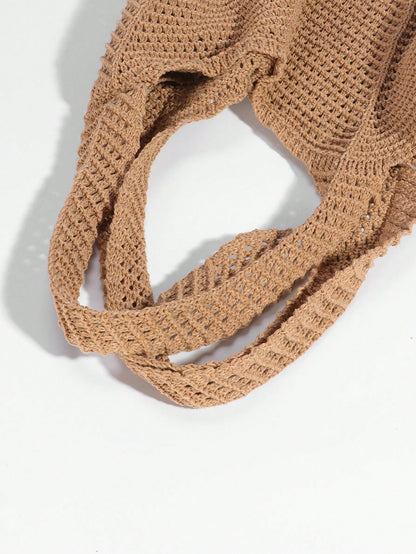 ROMWE Fairycore 1pc Tropical Ocean Beach Resort Style Woven Hollow Khaki Women Shoulder Tote Bag, Large Capacity