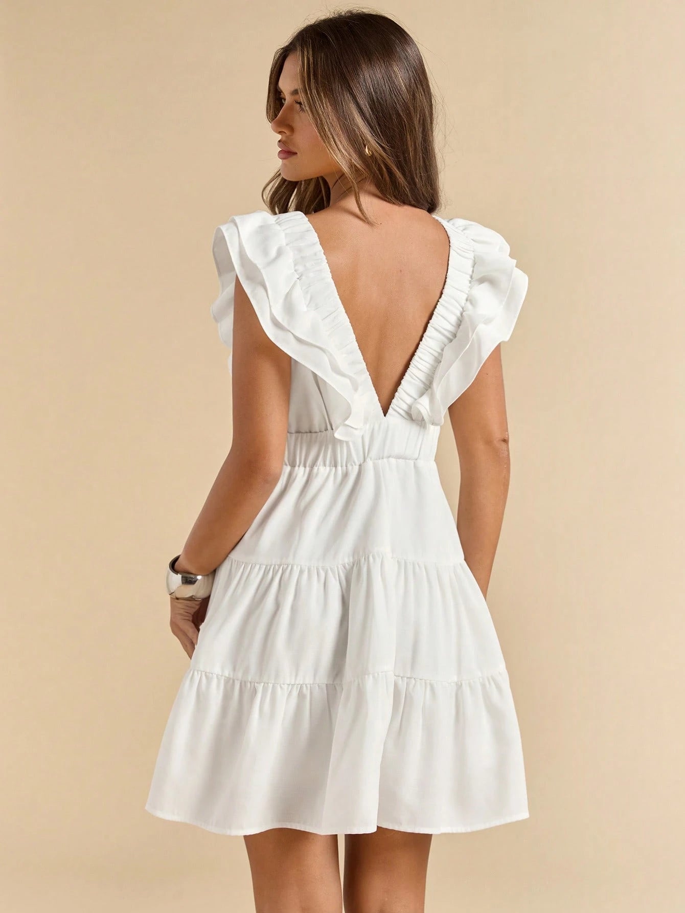 SHEIN BAE Linen V-Neck Short Sleeve Slim Fit Mini Dress, Vacation Dress, White Dress, Graduation & Back To School Dress,Boho Clothes Women