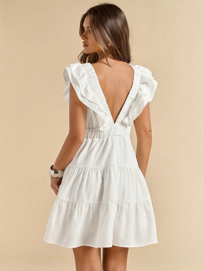 SHEIN BAE Linen V-Neck Short Sleeve Slim Fit Mini Dress, Vacation Dress, White Dress, Graduation & Back To School Dress,Boho Clothes Women