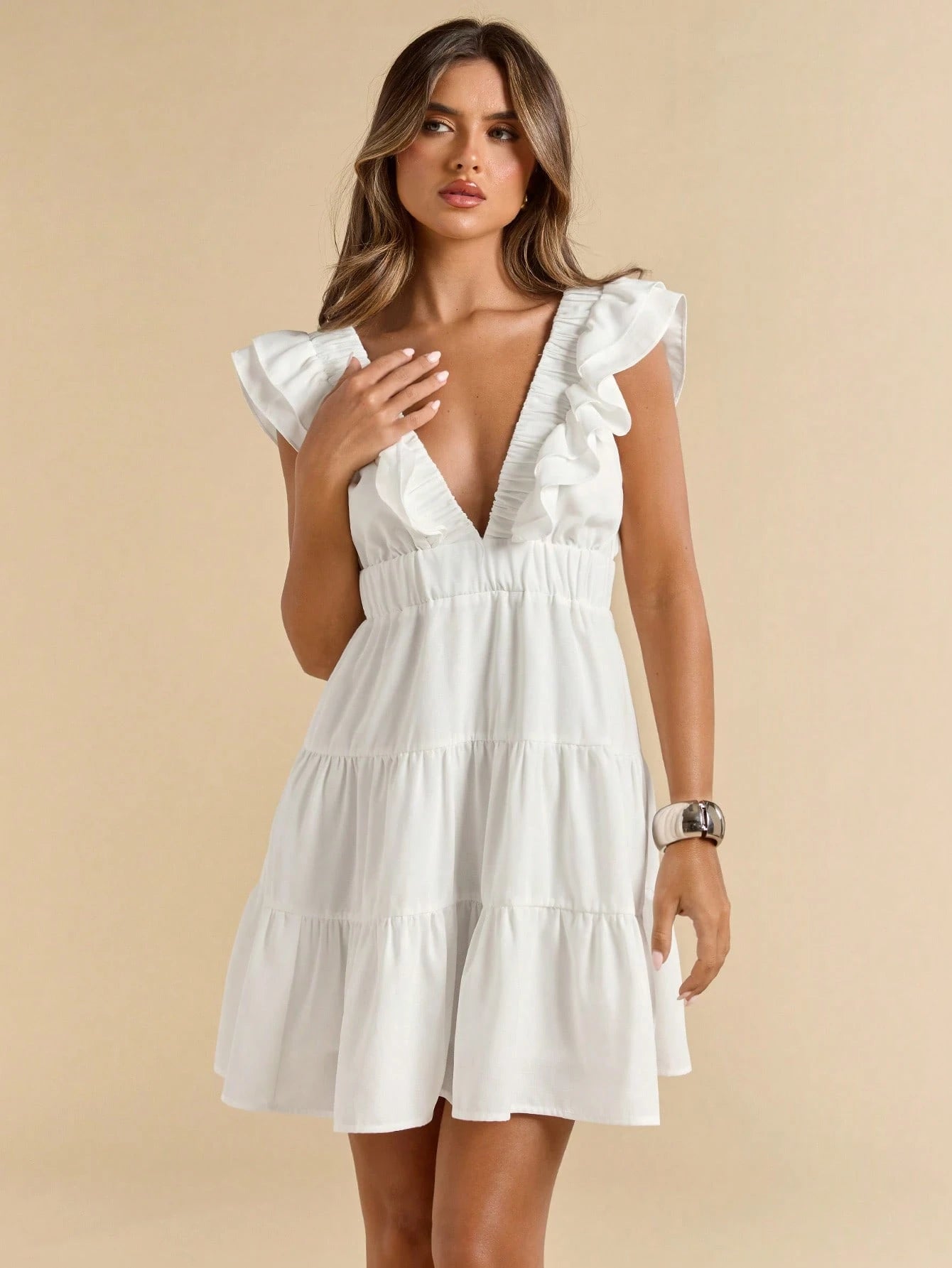 SHEIN BAE Linen V-Neck Short Sleeve Slim Fit Mini Dress, Vacation Dress, White Dress, Graduation & Back To School Dress,Boho Clothes Women