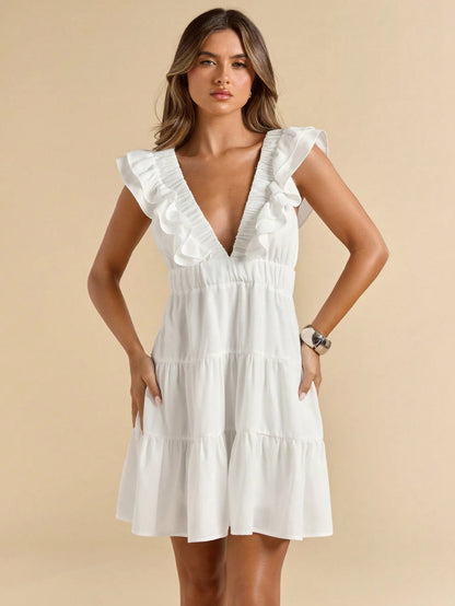 SHEIN BAE Linen V-Neck Short Sleeve Slim Fit Mini Dress, Vacation Dress, White Dress, Graduation & Back To School Dress,Boho Clothes Women