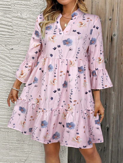 EMERY ROSE Women's Floral Print Cutout V-Neck Ruffled Hem Long Sleeve Mini Dress,Summer Dresses For Women