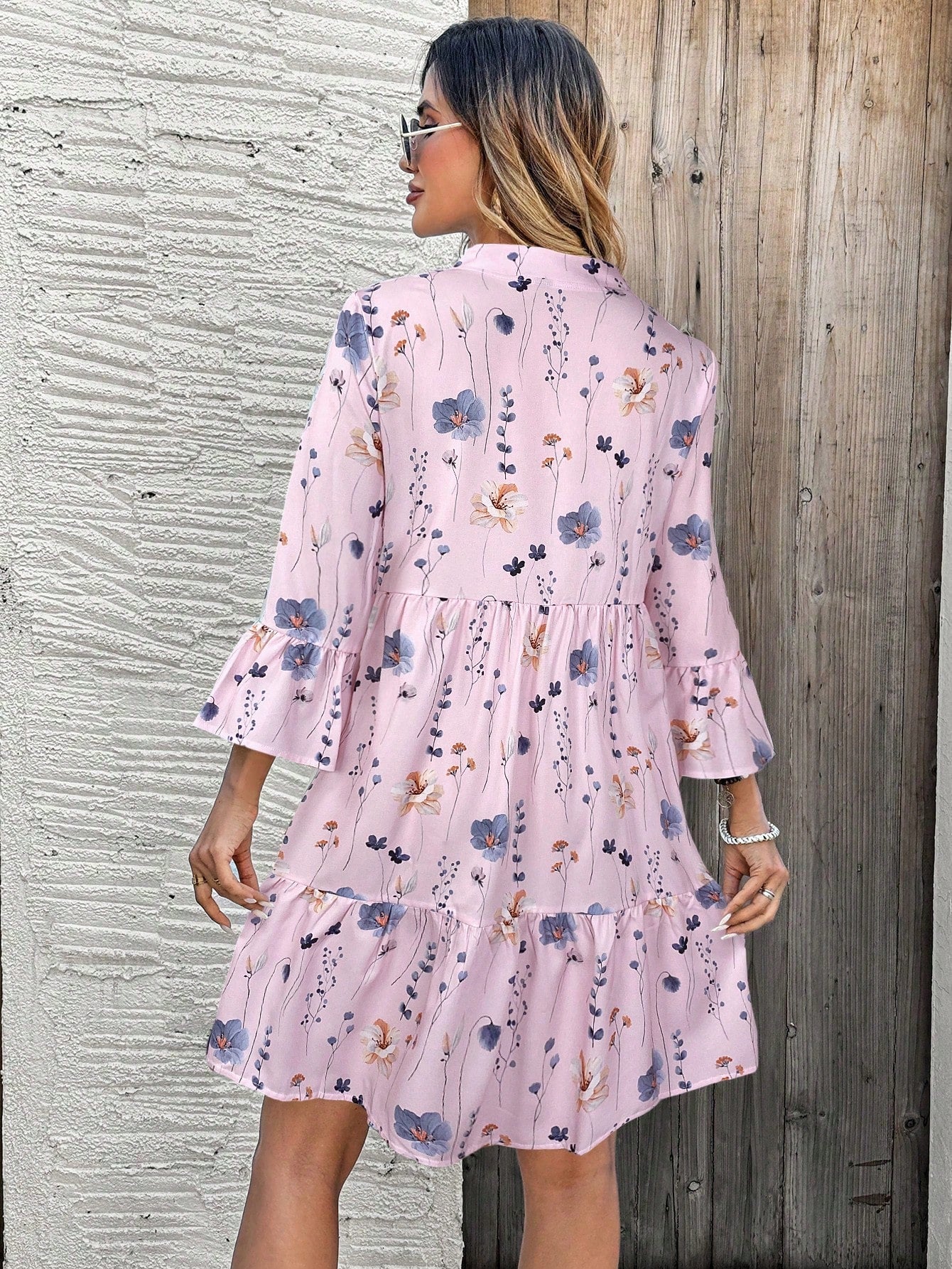 EMERY ROSE Women's Floral Print Cutout V-Neck Ruffled Hem Long Sleeve Mini Dress,Summer Dresses For Women