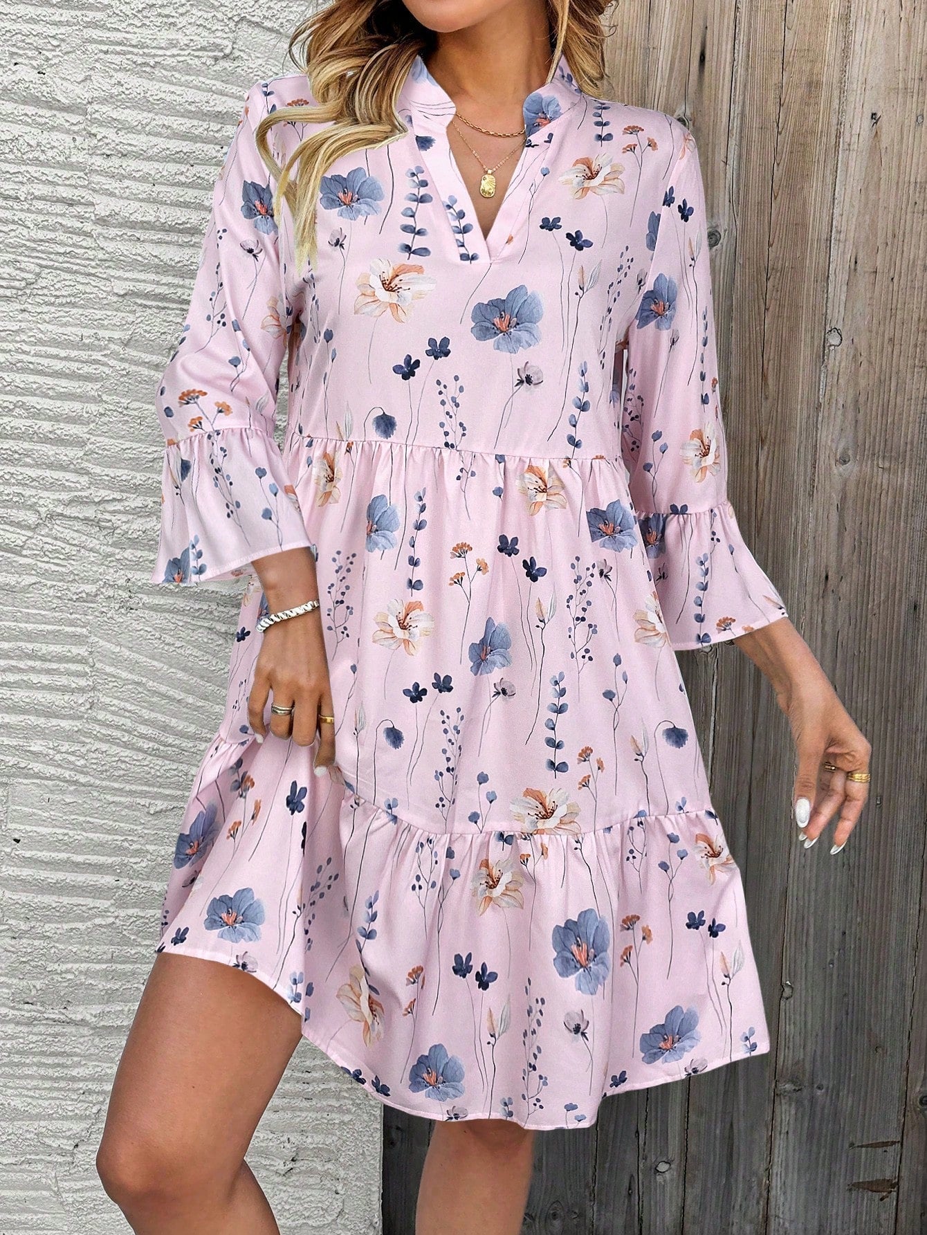 EMERY ROSE Women's Floral Print Cutout V-Neck Ruffled Hem Long Sleeve Mini Dress,Summer Dresses For Women