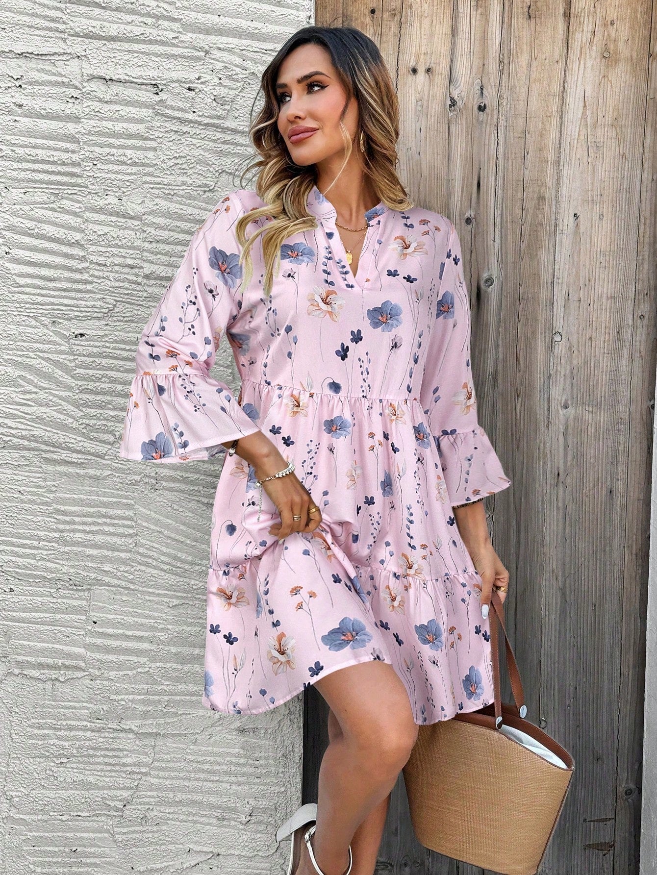 EMERY ROSE Women's Floral Print Cutout V-Neck Ruffled Hem Long Sleeve Mini Dress,Summer Dresses For Women