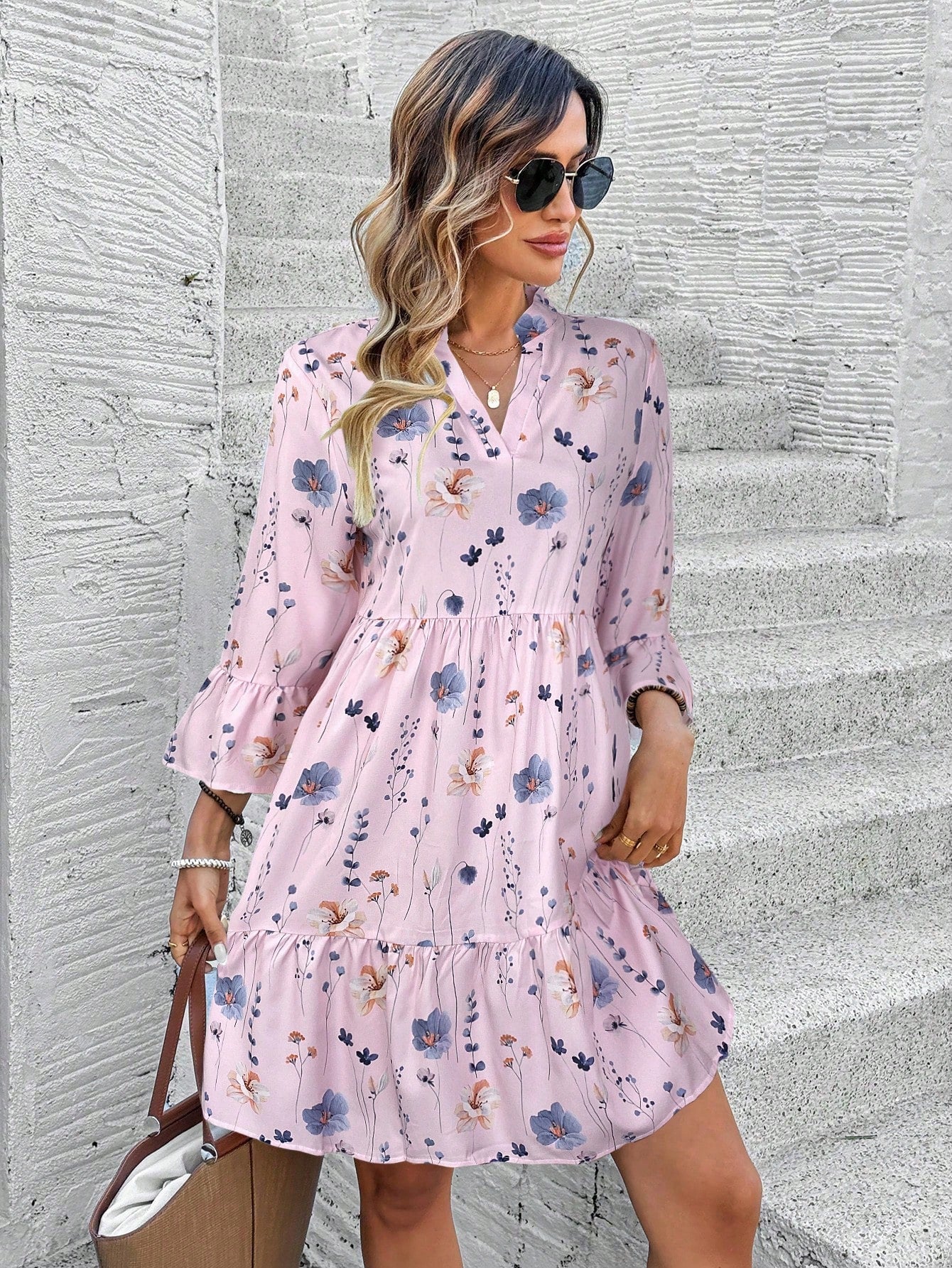 EMERY ROSE Women's Floral Print Cutout V-Neck Ruffled Hem Long Sleeve Mini Dress,Summer Dresses For Women