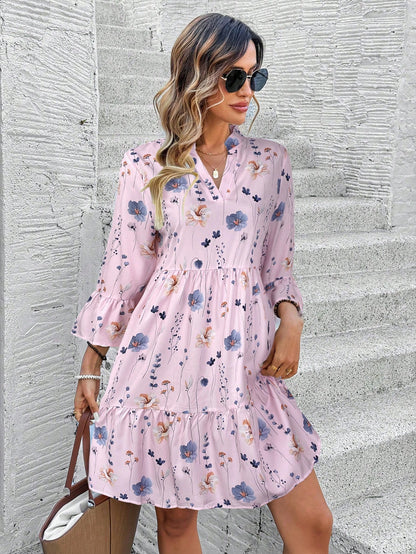 EMERY ROSE Women's Floral Print Cutout V-Neck Ruffled Hem Long Sleeve Mini Dress,Summer Dresses For Women
