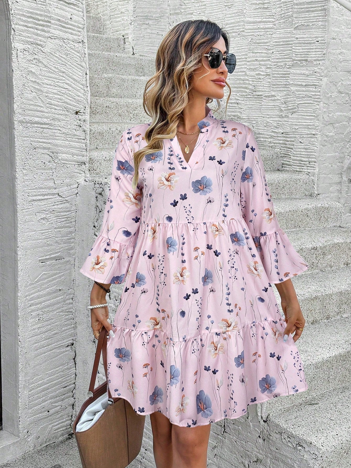 EMERY ROSE Women's Floral Print Cutout V-Neck Ruffled Hem Long Sleeve Mini Dress,Summer Dresses For Women