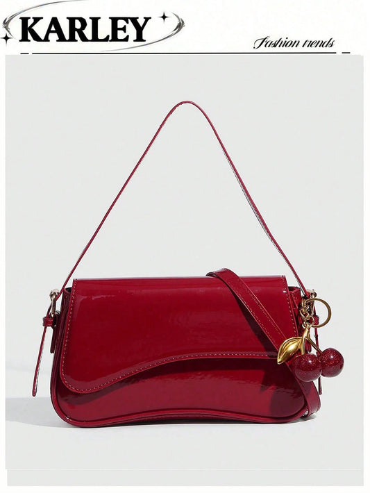 1pc Minimalist White Square Shoulder Bag For Women, Patent Leather Handbag Suitable For Commuting, Shoulder/Top Handle, Fashion Cherry Decoration, Suitable For Dates, Outdoor Activities, Parties, Valentine's Day, Versatile With Cherry Pendant
