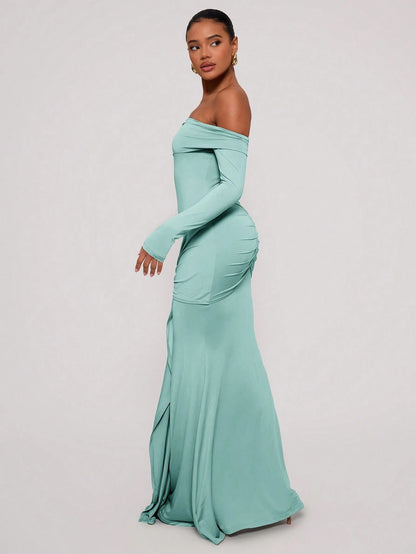 SHEIN X Scheana MUSERA Off Shoulder Long Sleeve Maxi Dress Vacation Summer Spring Romantic Wedding Guest Graduation, Prom Holiday Wedding Guest, Elegant, Birthday, Church, Night Out