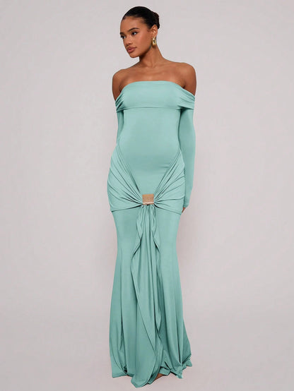 SHEIN X Scheana MUSERA Off Shoulder Long Sleeve Maxi Dress Vacation Summer Spring Romantic Wedding Guest Graduation, Prom Holiday Wedding Guest, Elegant, Birthday, Church, Night Out