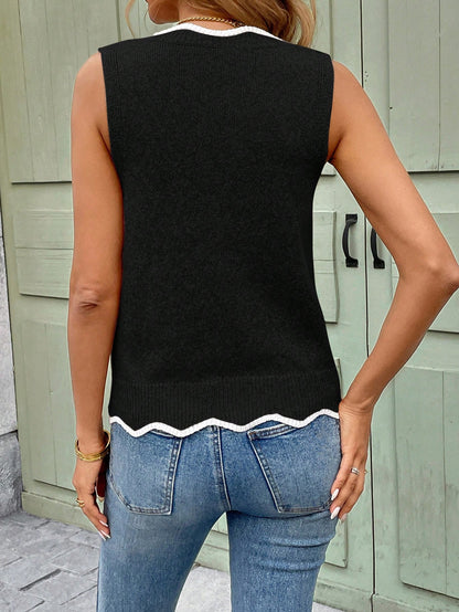 Easowa Women Casual Contrast Color Wave Collar Sleeveless Knit Vest, Basic Spring/Summer Everyday Clothing Summer Outfits For Women Going Out Tops Women