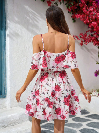 SHEIN Clasi Romantic Flower And Plant Printed Off-The-Shoulder Ruffle Strap Vacation Summer Dress Dresses Graduation,Summer Dresses For Women