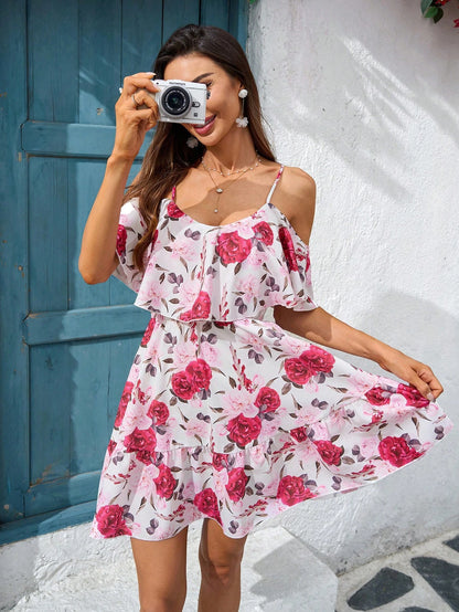 SHEIN Clasi Romantic Flower And Plant Printed Off-The-Shoulder Ruffle Strap Vacation Summer Dress Dresses Graduation,Summer Dresses For Women