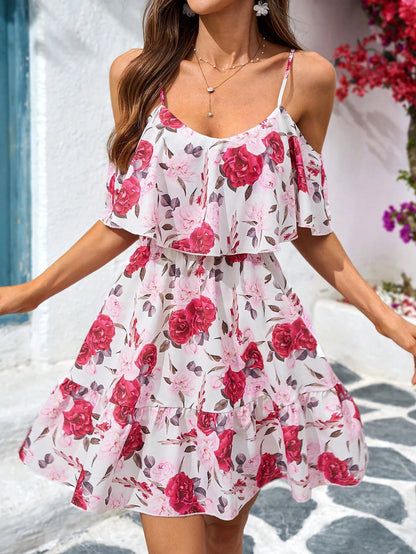 SHEIN Clasi Romantic Flower And Plant Printed Off-The-Shoulder Ruffle Strap Vacation Summer Dress Dresses Graduation,Summer Dresses For Women