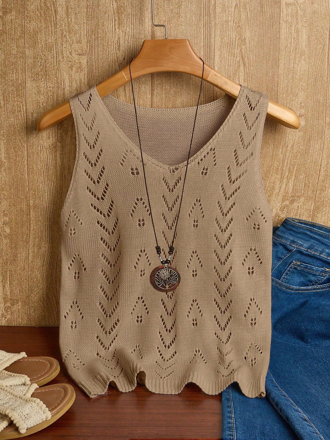 EMERY ROSE Women's Vacation Casual Solid Color Hollow Out Knit Top