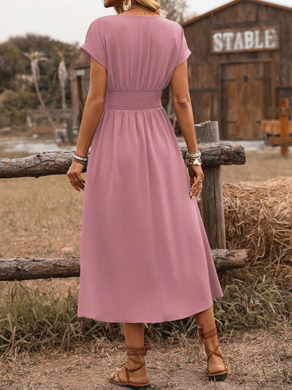 SHEIN Clasi Women's Spring/Summer Western Bohemian Style Casual Shirred Waist Cinched Criss-Cross Twisted Back Dropped Shoulder Flared Sleeve Midi Dress