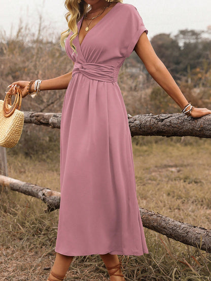 SHEIN Clasi Women's Spring/Summer Western Bohemian Style Casual Shirred Waist Cinched Criss-Cross Twisted Back Dropped Shoulder Flared Sleeve Midi Dress