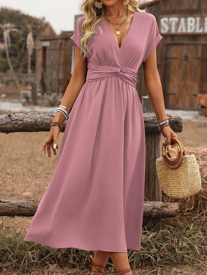 SHEIN Clasi Women's Spring/Summer Western Bohemian Style Casual Shirred Waist Cinched Criss-Cross Twisted Back Dropped Shoulder Flared Sleeve Midi Dress