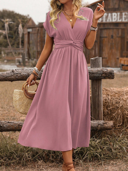 SHEIN Clasi Women's Spring/Summer Western Bohemian Style Casual Shirred Waist Cinched Criss-Cross Twisted Back Dropped Shoulder Flared Sleeve Midi Dress