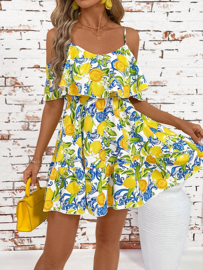 SHEIN Clasi Romantic Flower And Plant Printed Off-The-Shoulder Ruffle Strap Vacation Summer Dress Dresses Graduation,Summer Dresses For Women