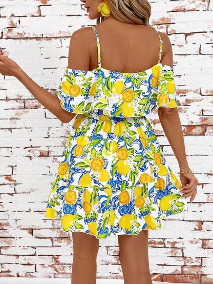 SHEIN Clasi Romantic Flower And Plant Printed Off-The-Shoulder Ruffle Strap Vacation Summer Dress Dresses Graduation,Summer Dresses For Women