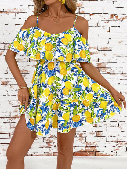 SHEIN Clasi Romantic Flower And Plant Printed Off-The-Shoulder Ruffle Strap Vacation Summer Dress Dresses Graduation,Summer Dresses For Women