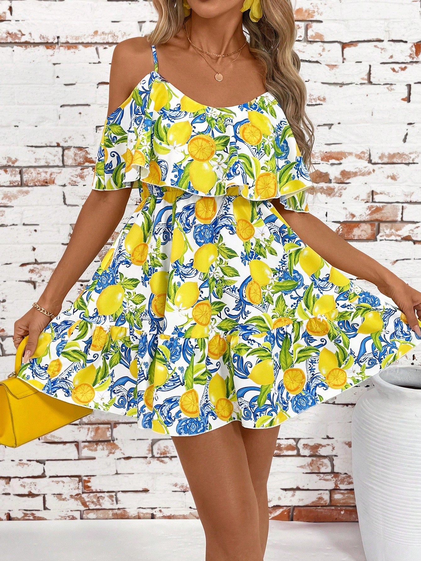 SHEIN Clasi Romantic Flower And Plant Printed Off-The-Shoulder Ruffle Strap Vacation Summer Dress Dresses Graduation,Summer Dresses For Women