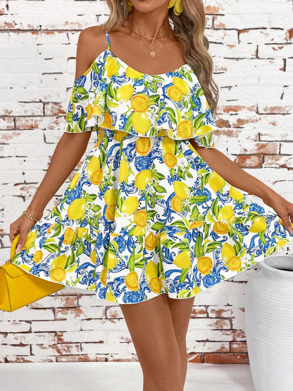 SHEIN Clasi Romantic Flower And Plant Printed Off-The-Shoulder Ruffle Strap Vacation Summer Dress Dresses Graduation,Summer Dresses For Women